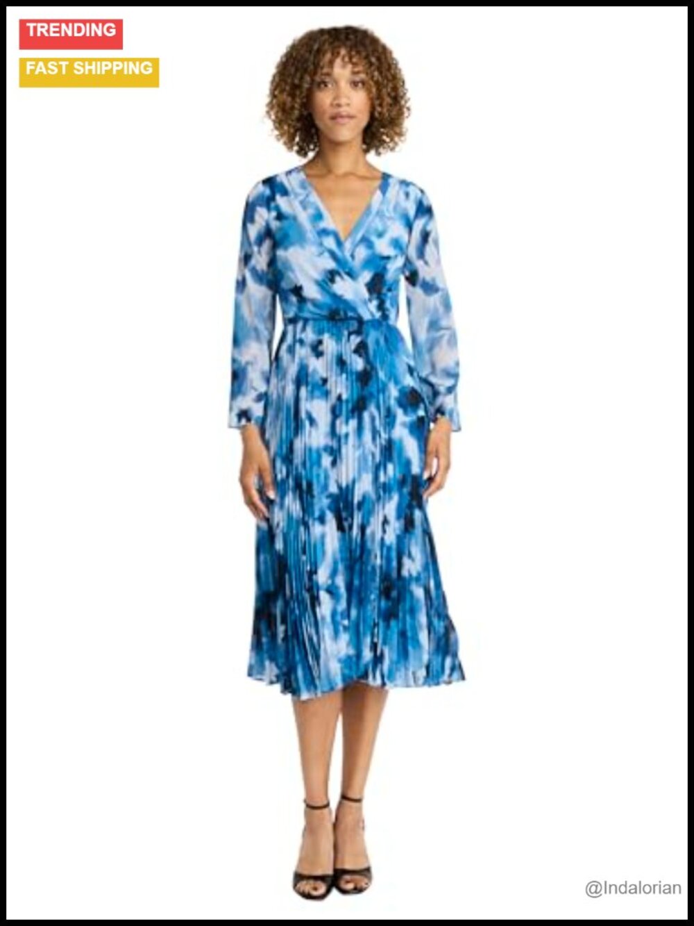 Elegant Wrap Midi Dress Long Sleeve V-Neck Pleated Skirt Wedding Guest
